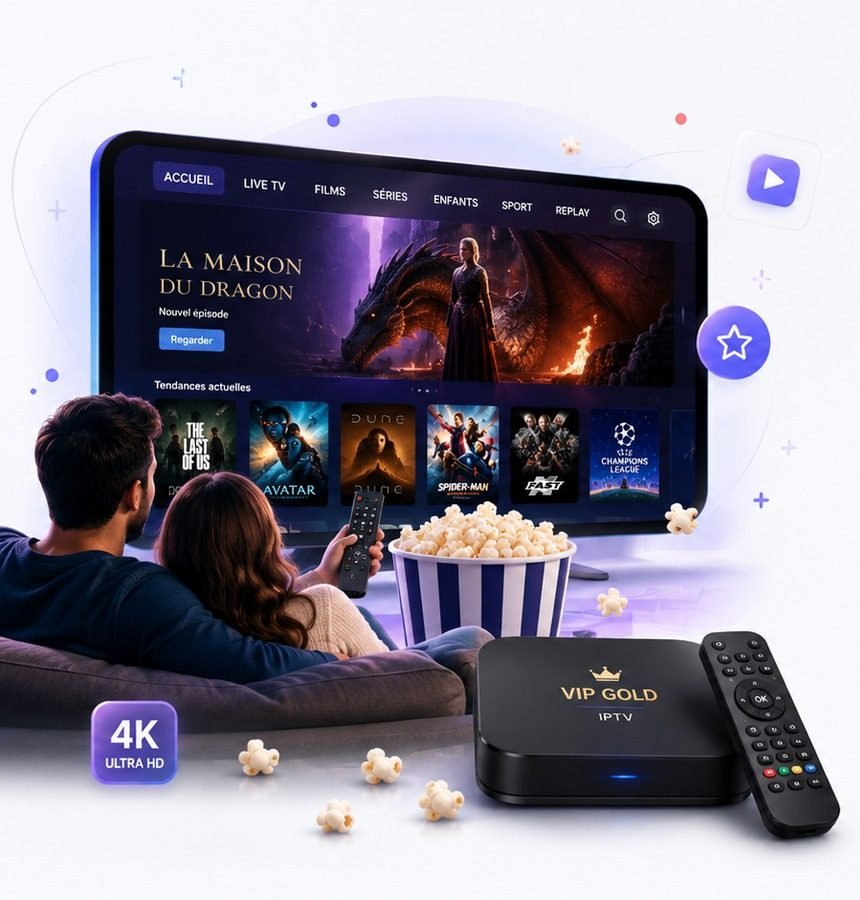 Box IPTV VIP Gold 4K Ultra HD avec télécommande — couple regardant Live TV, films et séries en Belgique